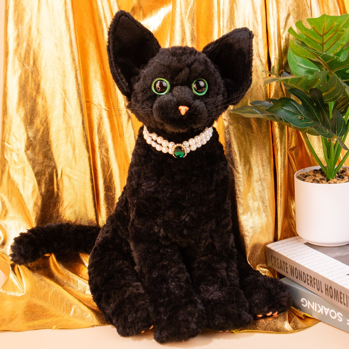 Chongker Devon Rex Cat Plush stuffed animal with black fur, green eyes, pearl necklace on Tampa Home & Garden Store
