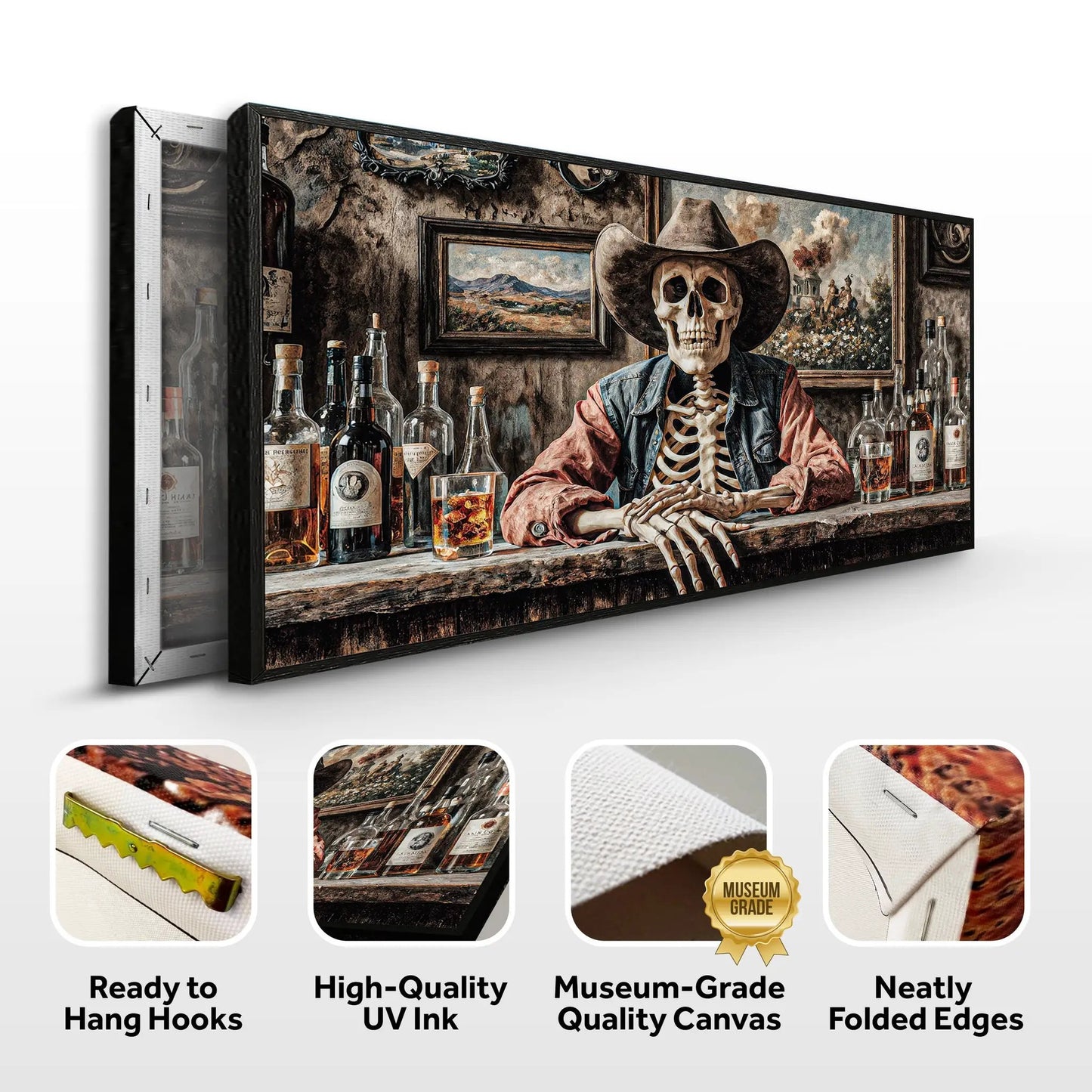 Skeleton Cowboy Barman wall art canvas with bar scene, framed black border Tailored Canvases on Tampa Home & Garden Store
