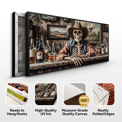 Skeleton Cowboy Barman wall art canvas with bar scene, framed black border Tailored Canvases on Tampa Home & Garden Store