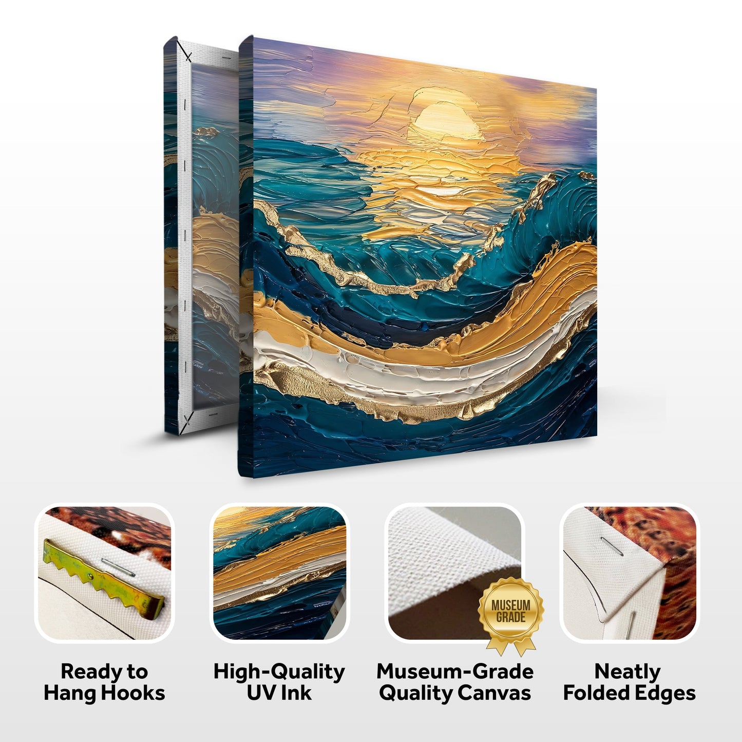 Golden Hour Wall Art canvas by Tailored Canvases with thick impasto in gold teal and sunset hues on Tampa Home & Garden Store