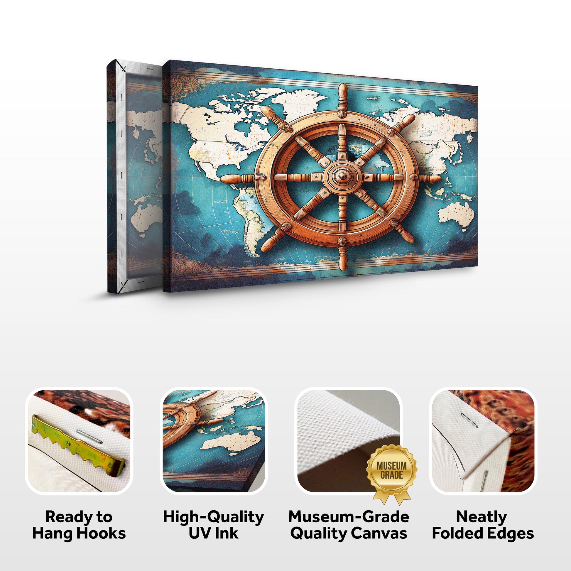 Sailboat ship wheel coastal wall art on canvas by Tailored Canvases with a blue world map backdrop on Tampa Home & Garden Store