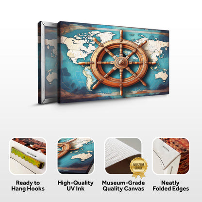 Sailboat ship wheel coastal wall art on canvas by Tailored Canvases with a blue world map backdrop on Tampa Home & Garden Store