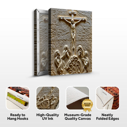 Three Cross Calvary Hill canvas, triple-panel wall art with gold crucifix on stone wall on Tampa Home & Garden Store
