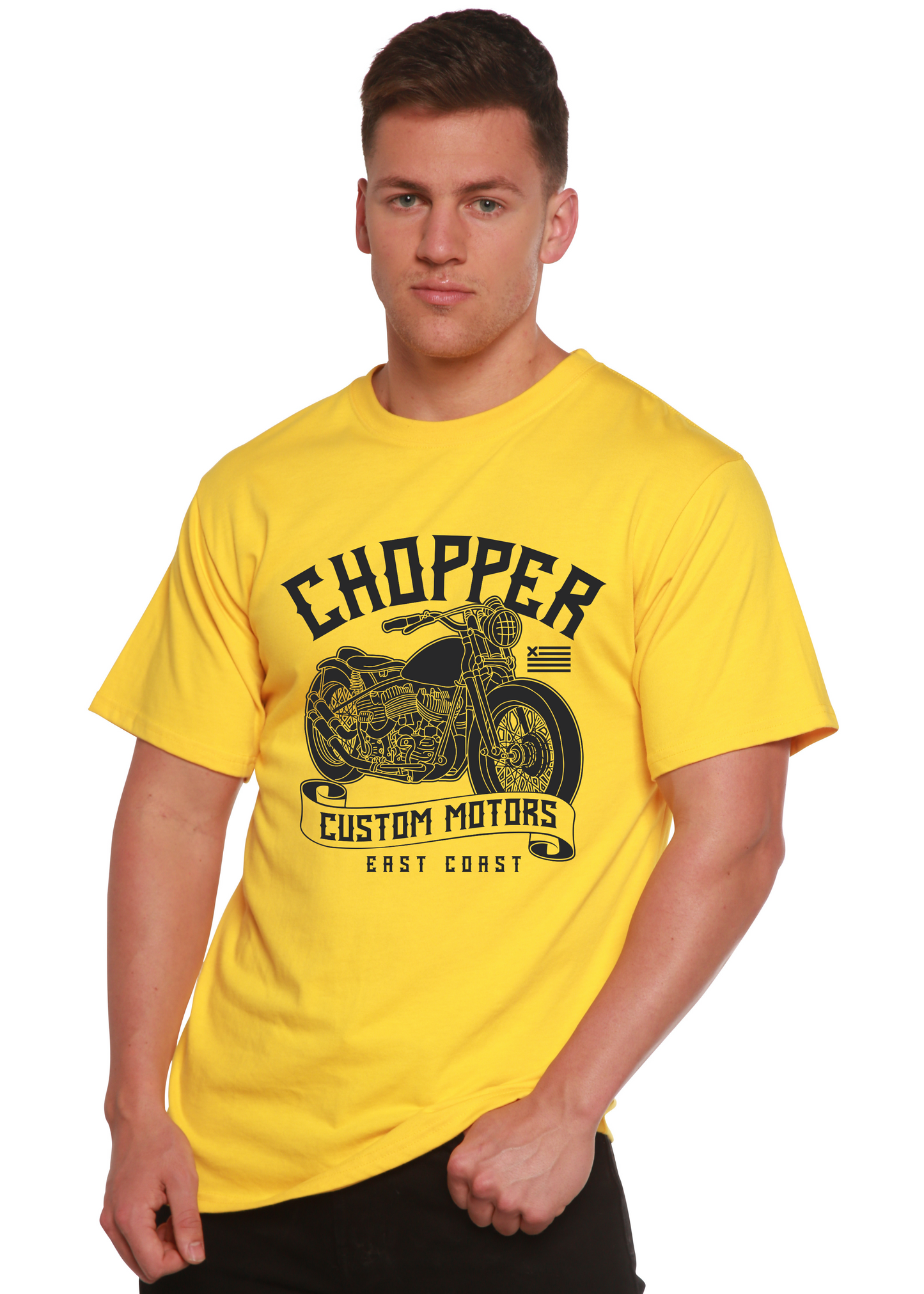 Chopper Custom Motors tee yellow with motorcycle print Spun Bamboo on Tampa Home & Garden Store