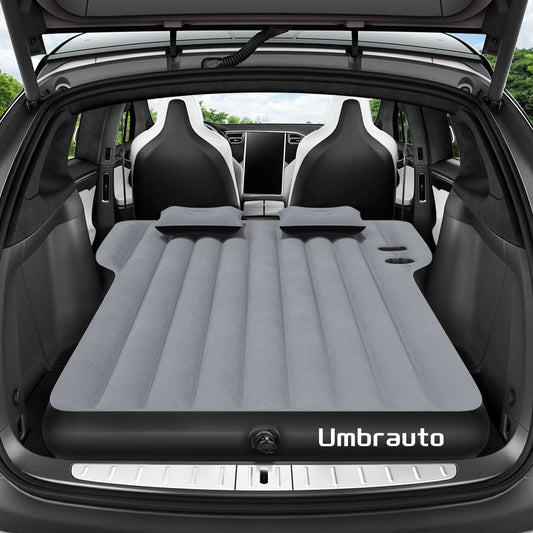 Umbrauto gray SUV air mattress spread in the trunk of a Tesla Y with two head cushions on Tampa Home & Garden Store
