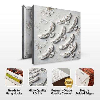 3D Birds Wall Art canvas by Tailored Canvases with white birds in flight on a gray backdrop on Tampa Home & Garden Store