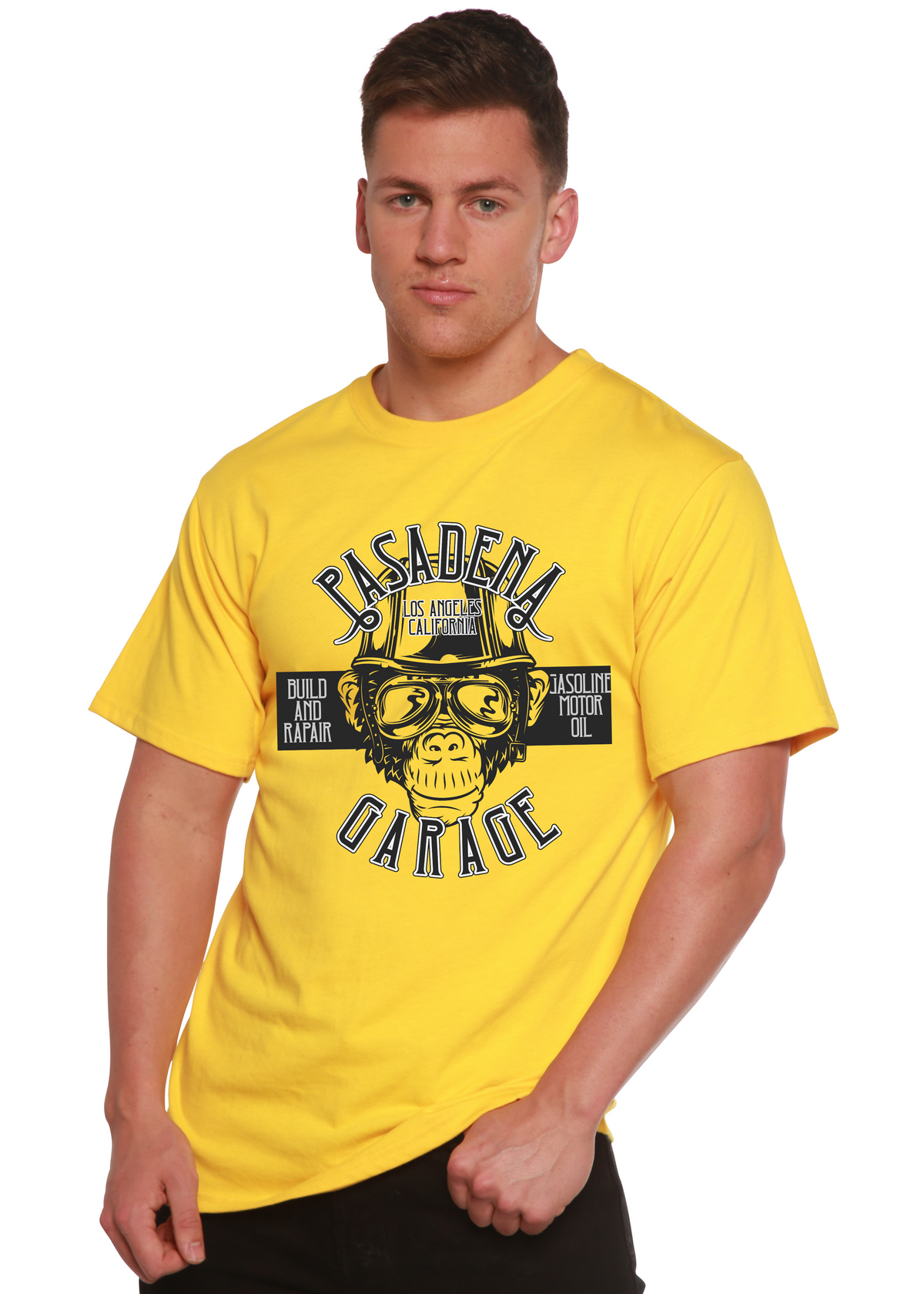 Pasadena Garage men's graphic T-shirt yellow with black monkey wearing goggles design on Tampa Home & Garden Store