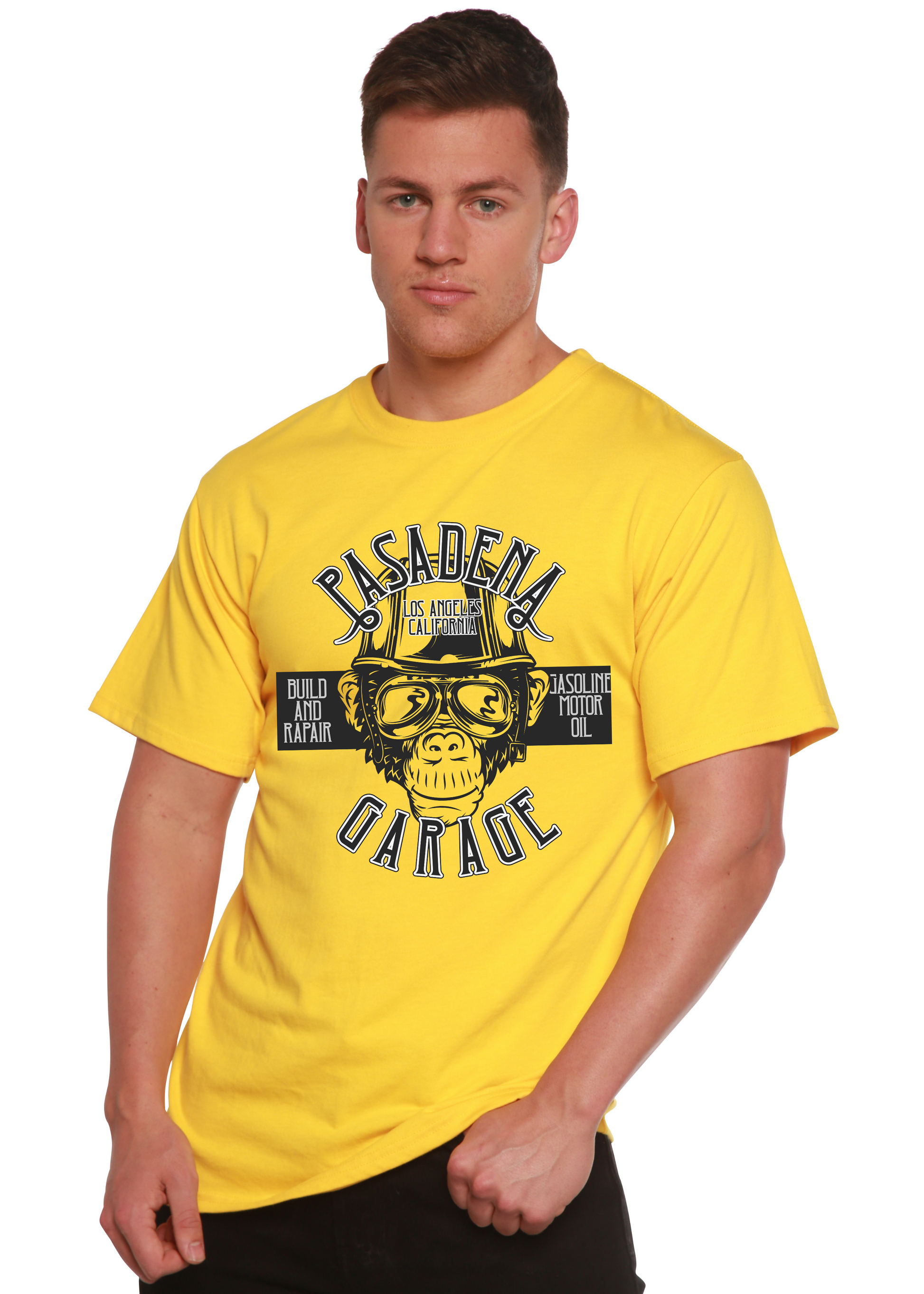 Pasadena Garage men's graphic T-shirt yellow with black monkey wearing goggles design on Tampa Home & Garden Store