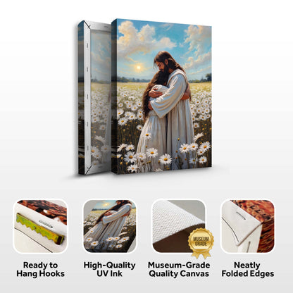 Jesus Hugging Woman Faith Wall Art Canvas by Tailored Canvases, serene daisies field scene on Tampa Home & Garden Store