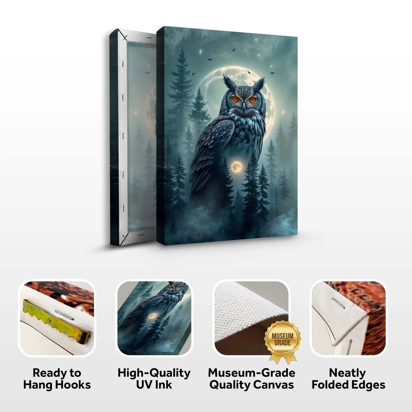 Canvas Owl Double Exposure II by Tailored Canvases featuring a blue owl before a full moon on Tampa Home & Garden Store