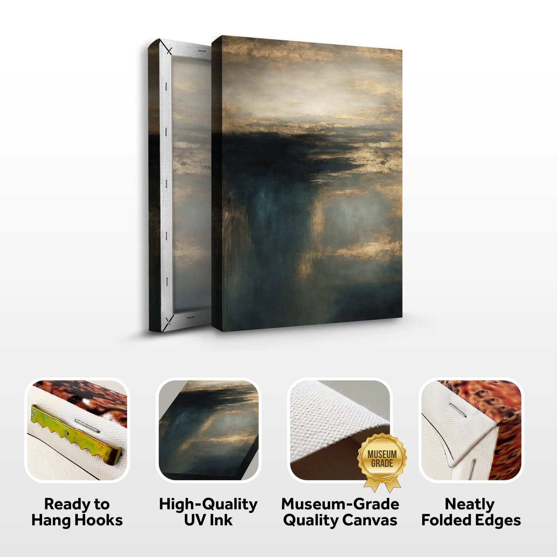 Cloudscape Glimmer Canvas Wall Art by Tailored Canvases, moody gold-foil clouds over dark teal on Tampa Home & Garden Store