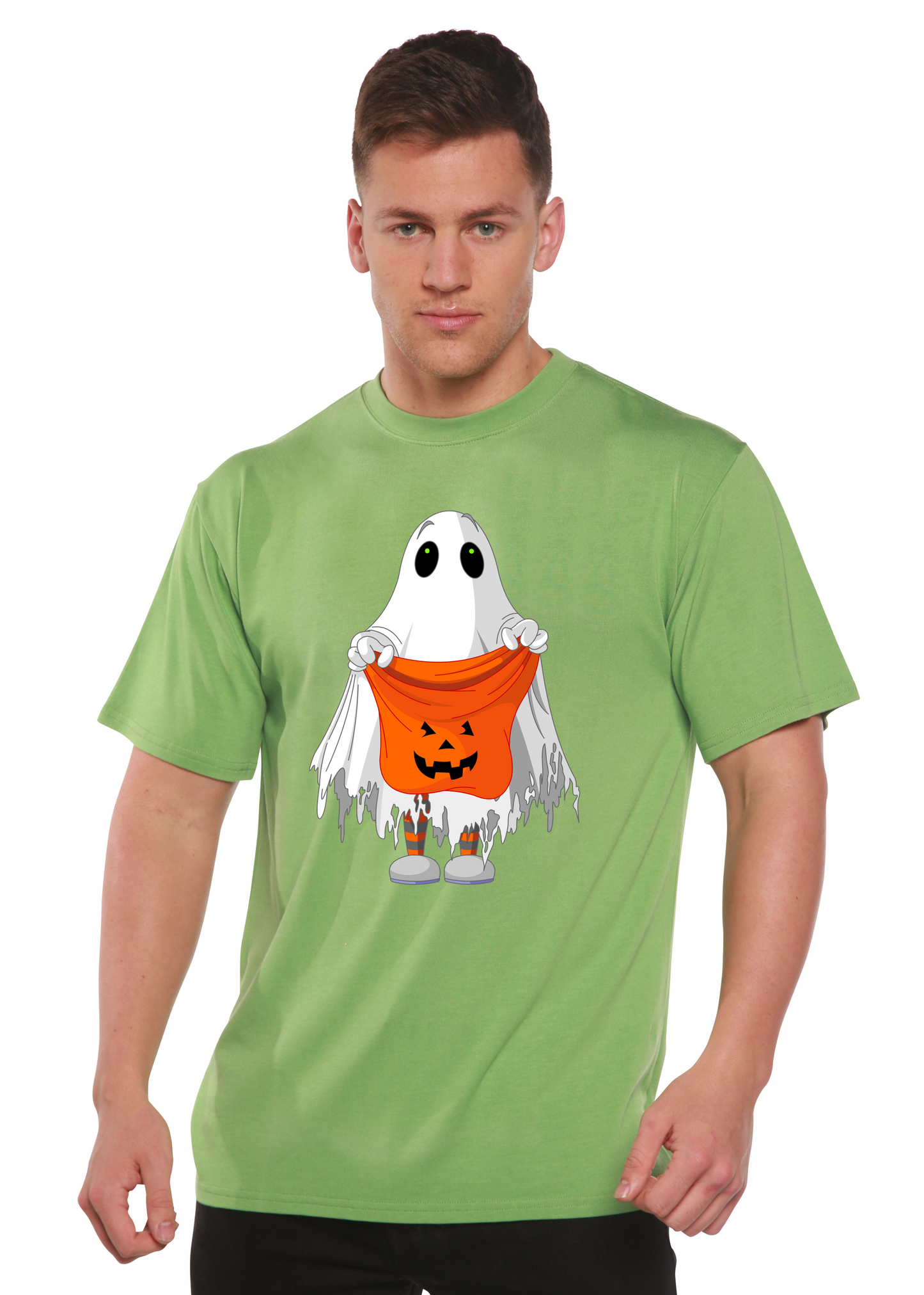Men's Boo Halloween graphic T-shirt in green with a ghost holding an orange pumpkin print on Tampa Home & Garden Store