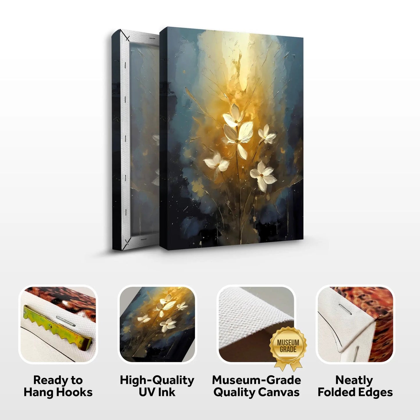 Golden Glow Elegant Flower Wall Art canvas with golden blossoms on blue Tailored Canvases on Tampa Home & Garden Store