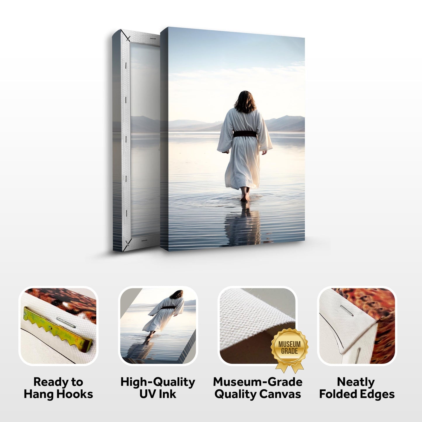 Reflections Faith Wall Art VII canvas by Tailored Canvases; woman in white robe at shore on Tampa Home & Garden Store