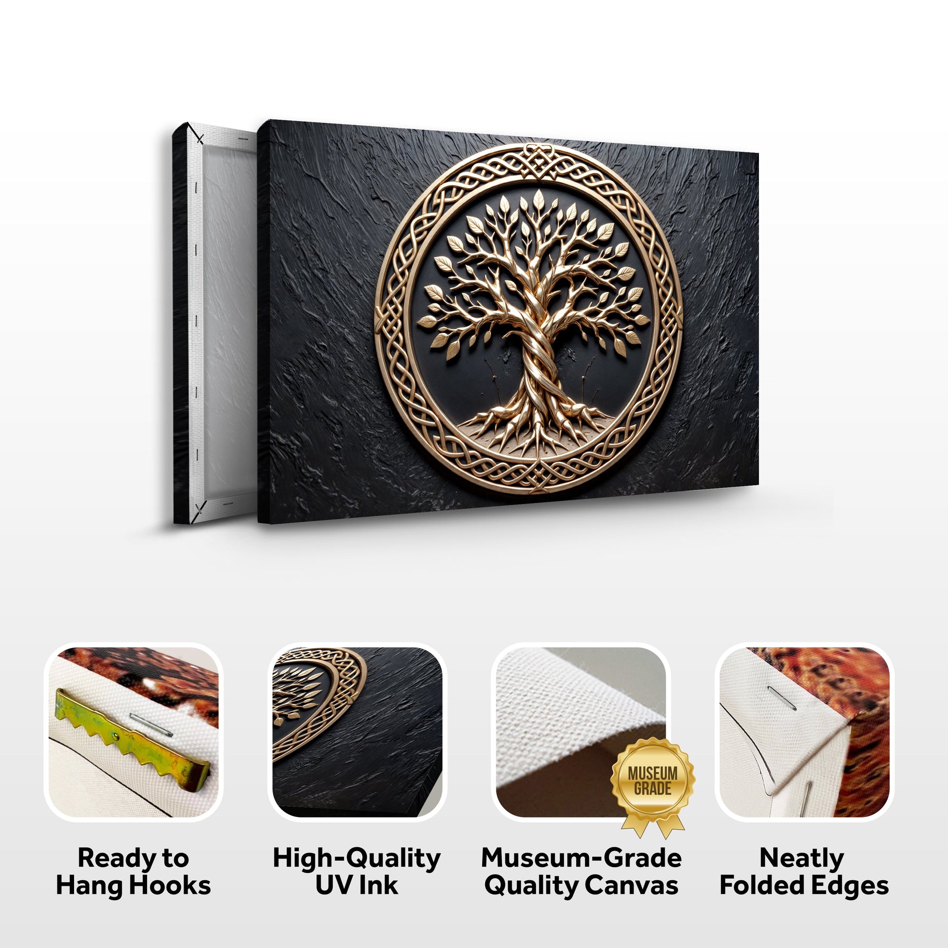 3D Celtic Tree of Life canvas by Tailored Canvases black textured background gold medallion on Tampa Home & Garden Store