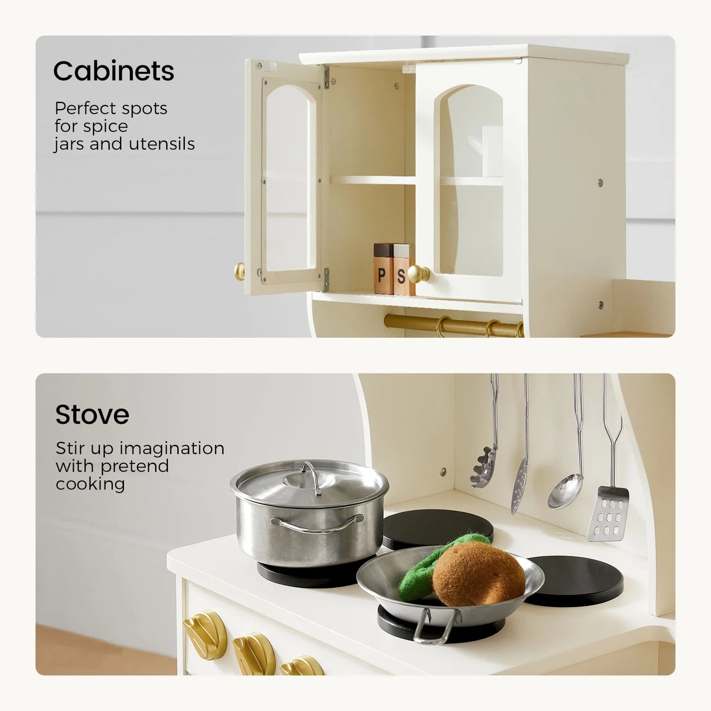 Tiny Land INC wooden play kitchen with storage in beige finish, open doors and shelves on Tampa Home & Garden Store