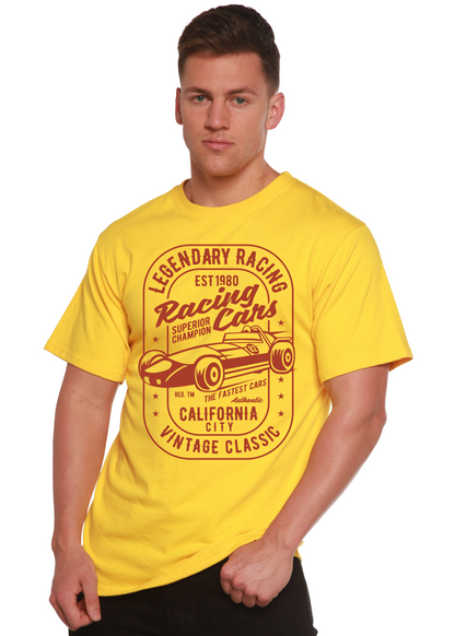 Legendary Racing Cars men's bamboo viscose/organic cotton yellow graphic T-shirt on Tampa Home & Garden Store