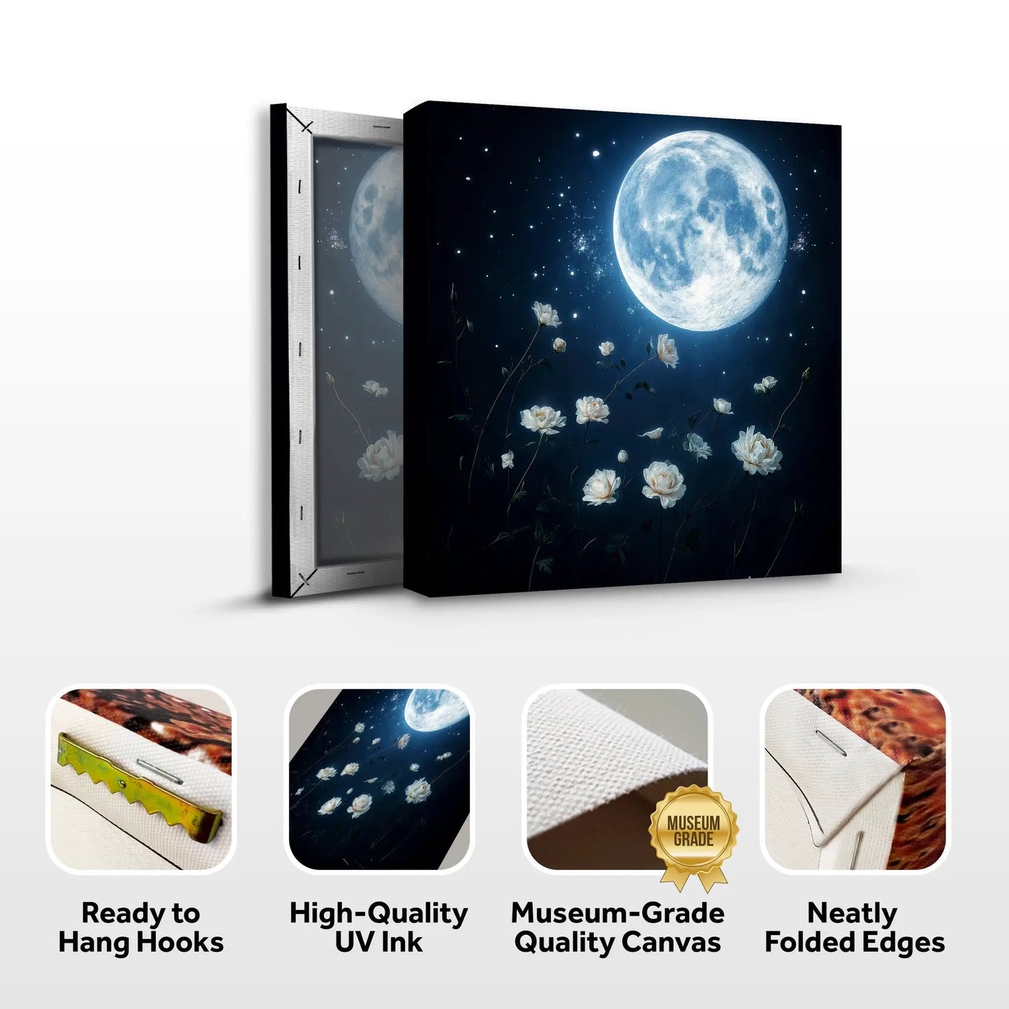 Lunar Canvas Wall Art blue night sky with large moon and white flowers Tailored Canvases on Tampa Home & Garden Store