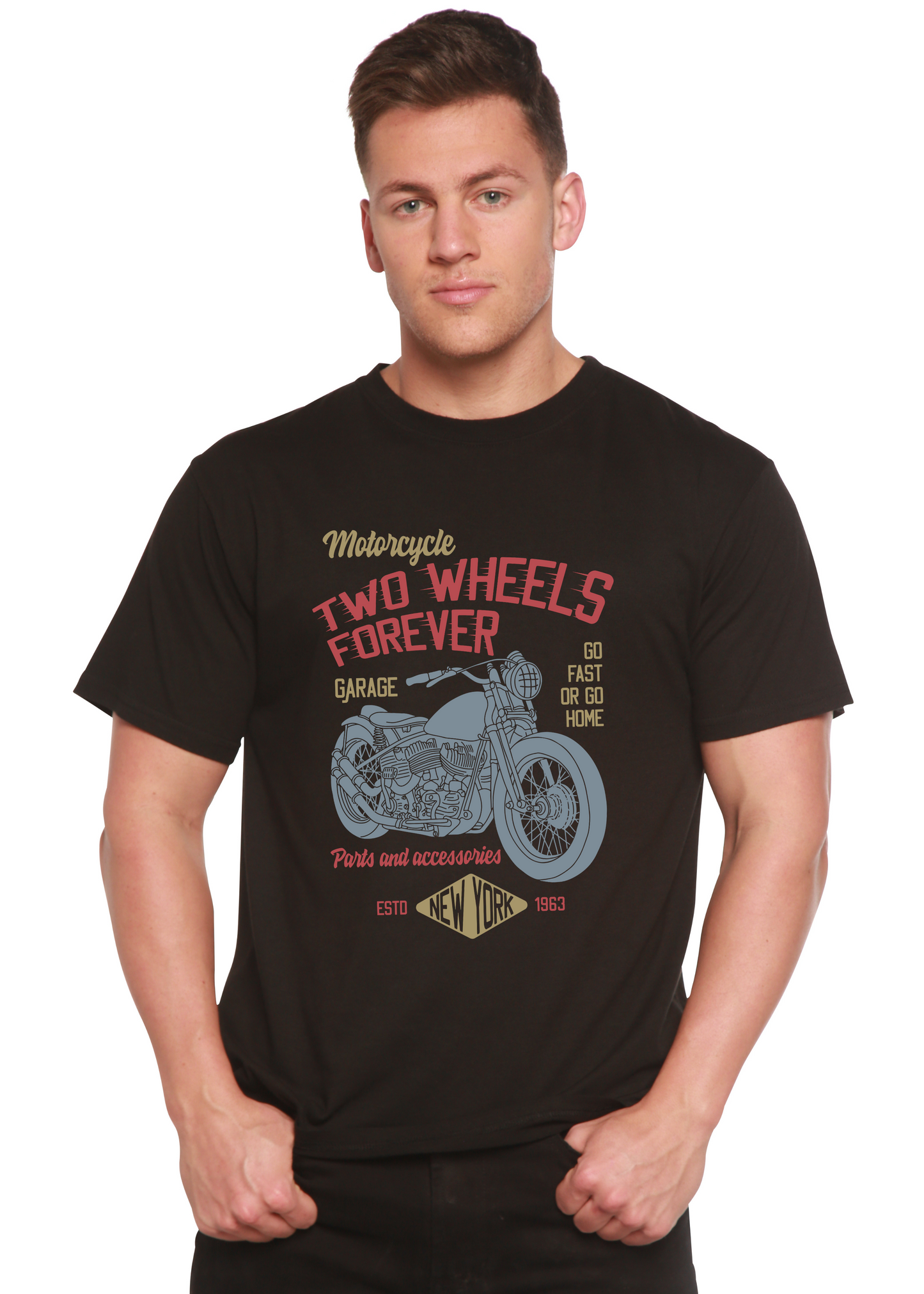 Two Wheels Forever men's graphic T-shirt, black with motorcycle print, Spun Bamboo on Tampa Home & Garden Store