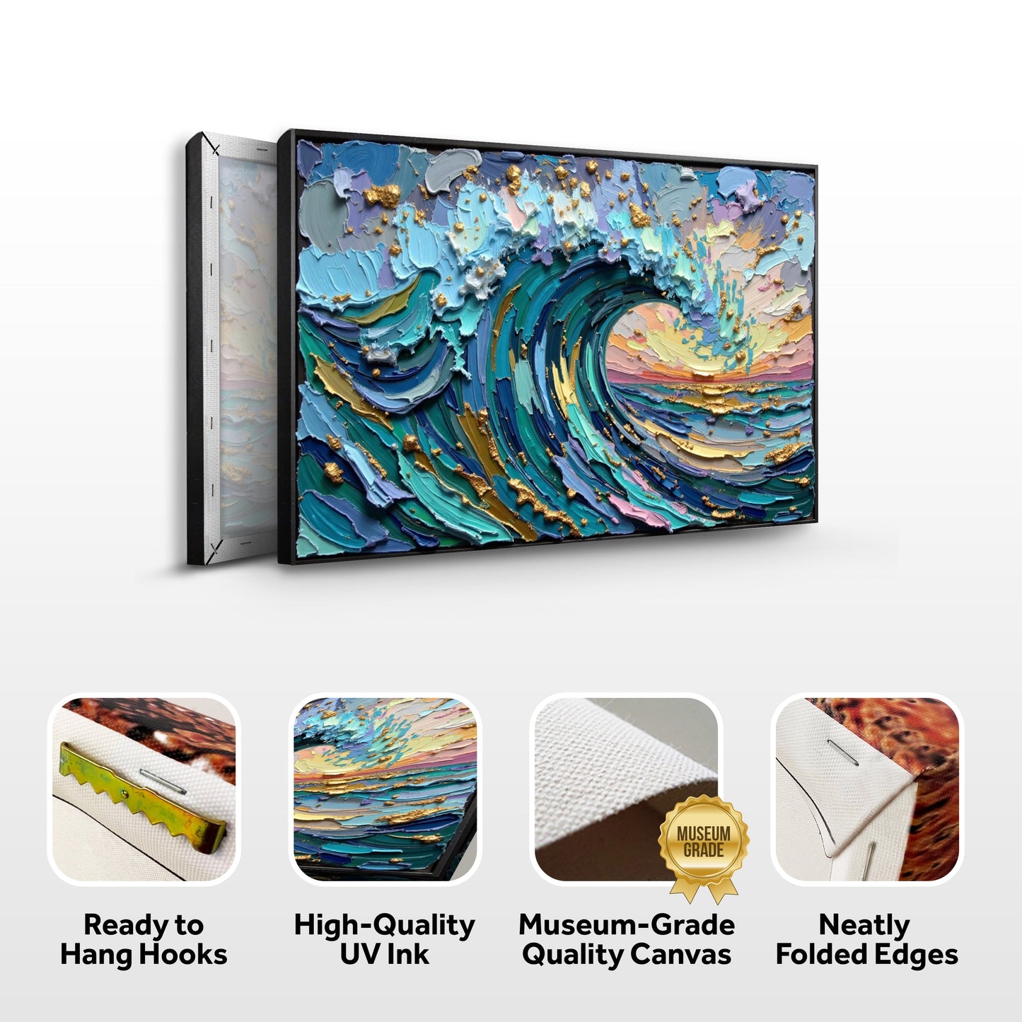 Golden Tide Wall Art canvas by Tailored Canvases with impasto ocean swirls in blue and gold on Tampa Home & Garden Store