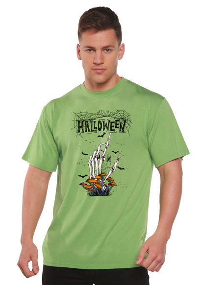 Halloween men's bamboo viscose organic cotton short sleeve tee with skeletal hand print on Tampa Home & Garden Store