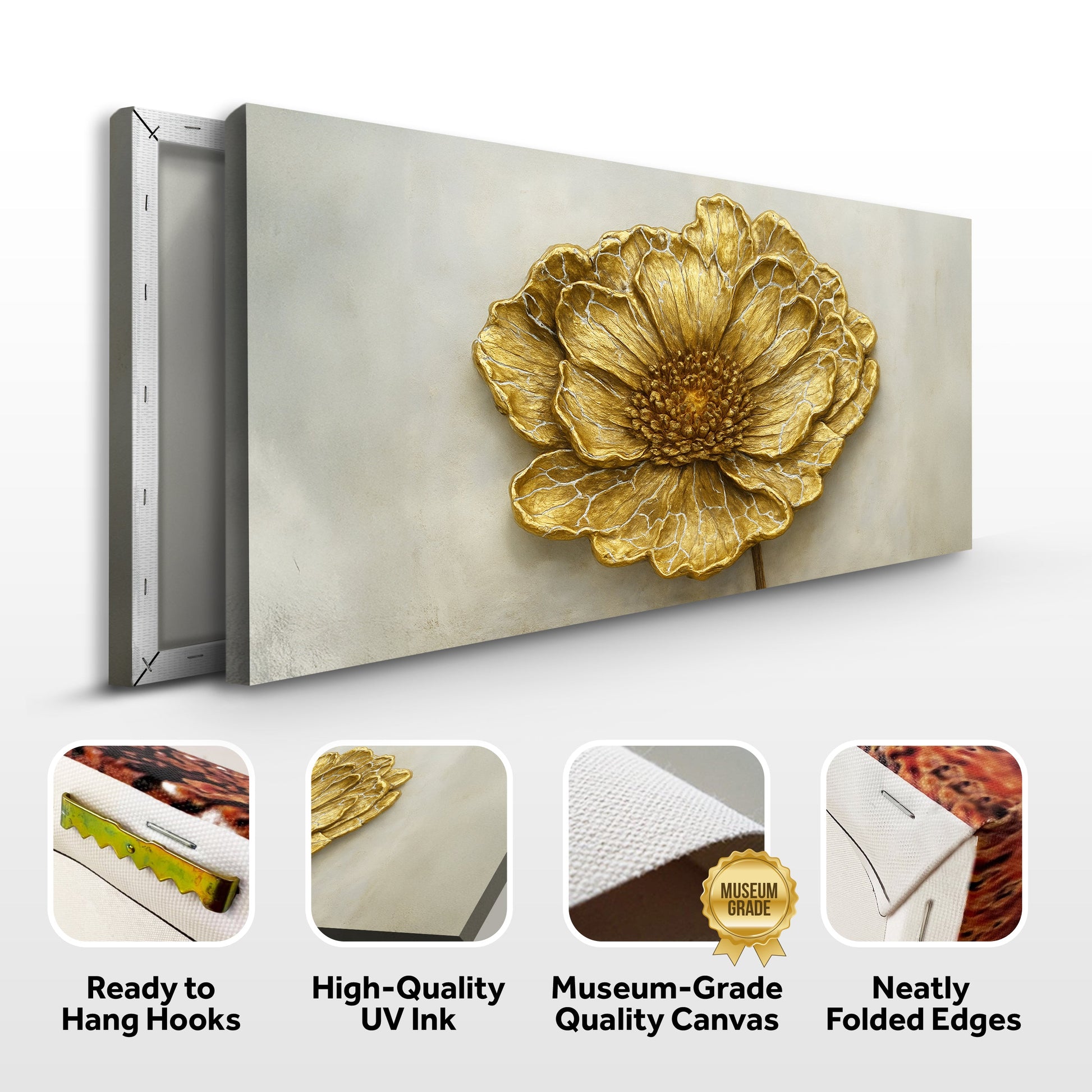 Golden Dandelion Minimalist Abstract Wall Art VI canvas; gray grainy backdrop with gold flower on Tampa Home & Garden Store