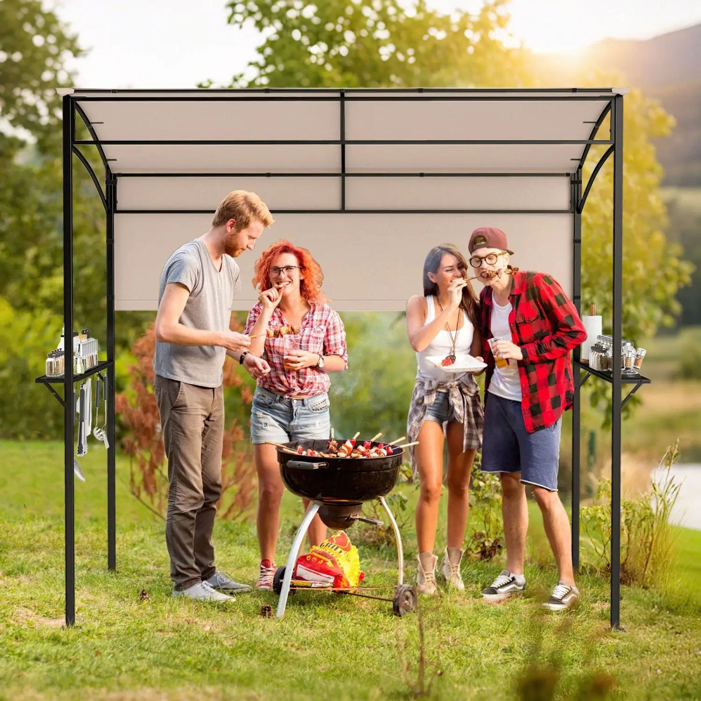 BBQ Grill Canopy with Shelves and Sidewall