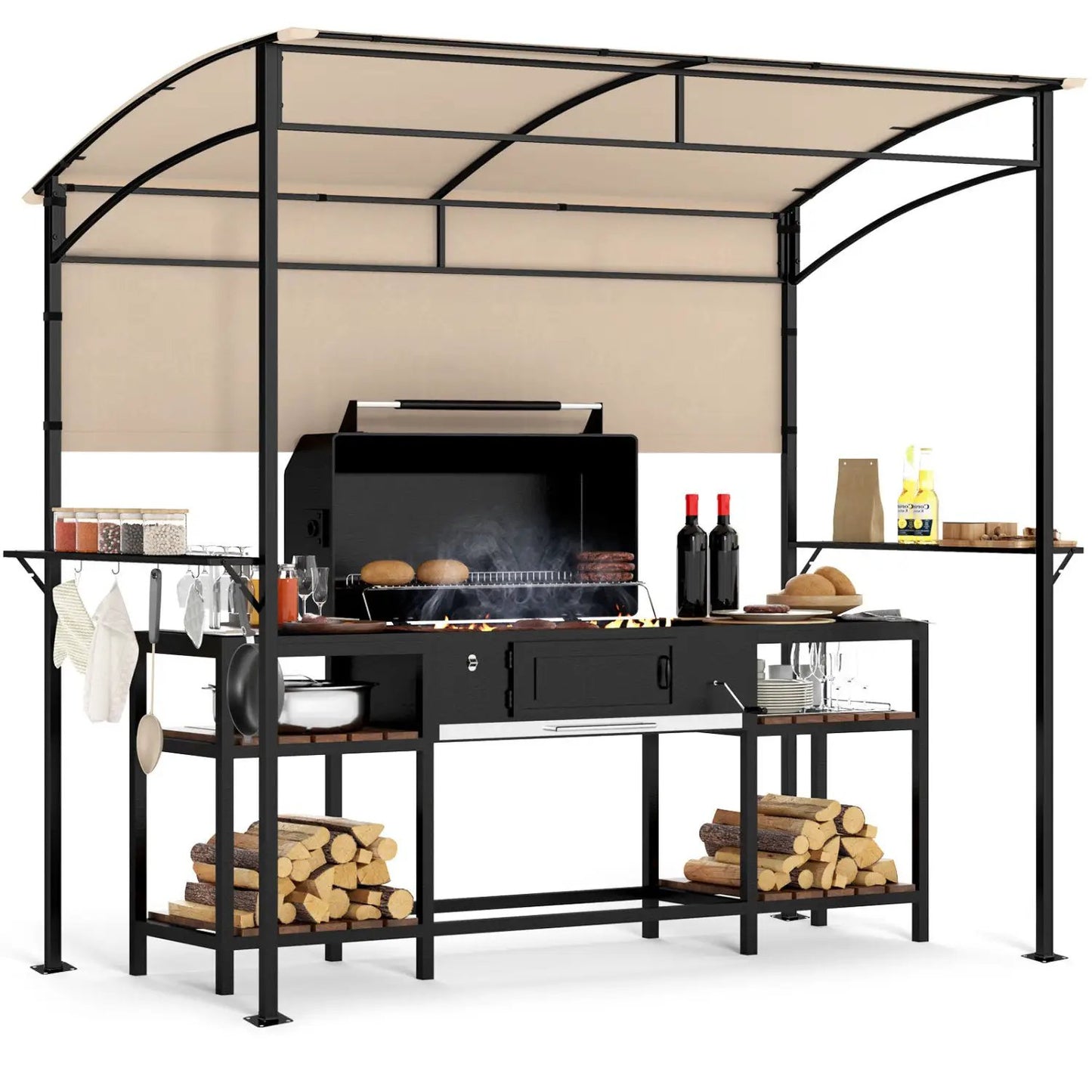 BBQ Grill Canopy with Shelves and Sidewall