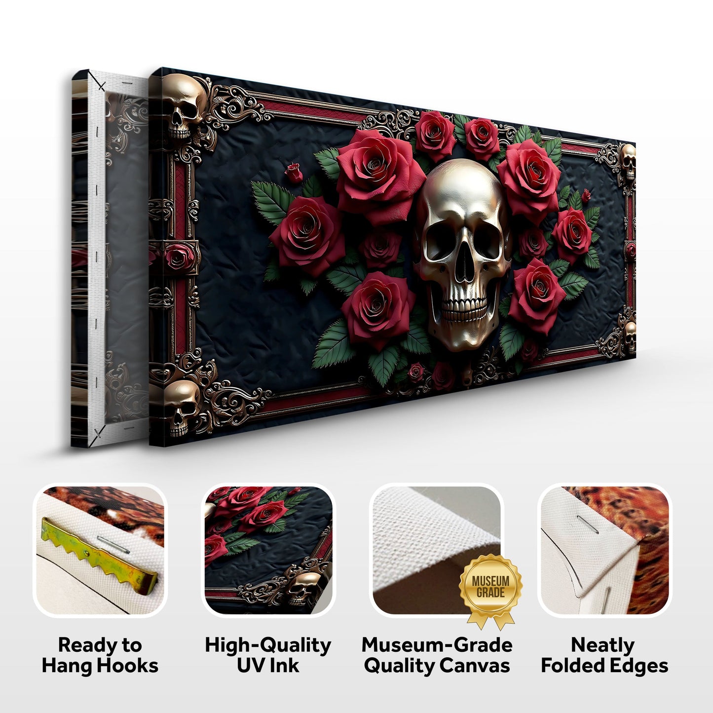 3D Vintage Skull Wall Art III canvas by Tailored Canvases with skull and red roses, ornate frame on Tampa Home & Garden Store
