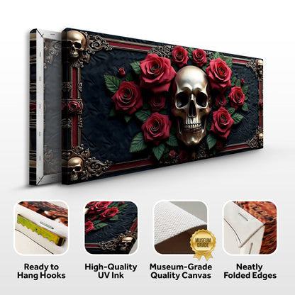 3D Vintage Skull Wall Art III canvas by Tailored Canvases with skull and red roses, ornate frame on Tampa Home & Garden Store