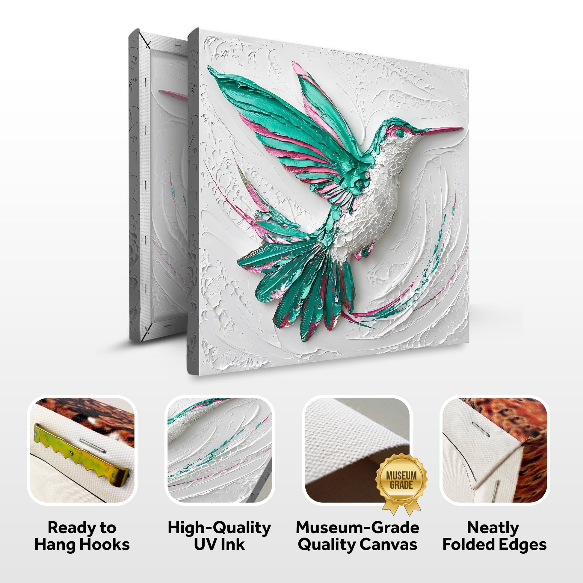 3D Hummingbird Wall Art canvas by Tailored Canvases in teal and pink with textured relief on Tampa Home & Garden Store