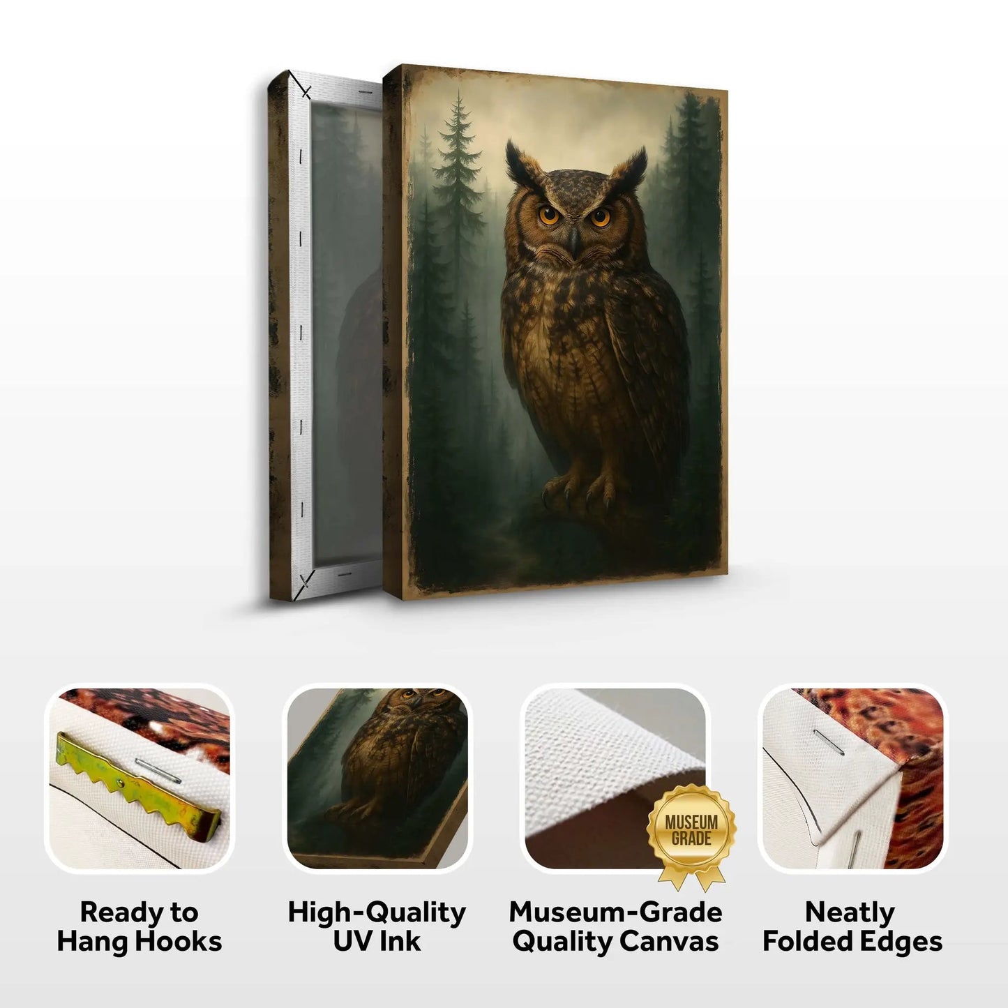 Watcher Of The Woods Owl Wall Art canvas by Tailored Canvases, forest backdrop with amber-eyed owl on Tampa Home & Garden Store