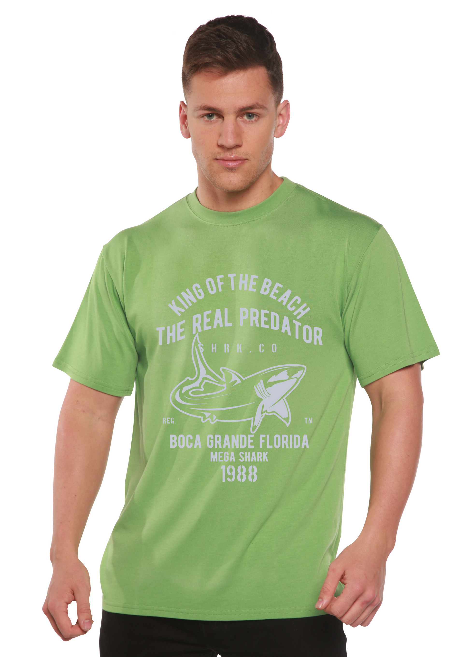 Shark Real Spun Bamboo men's green T-shirt with white shark print bamboo viscose/organic cotton on Tampa Home & Garden Store