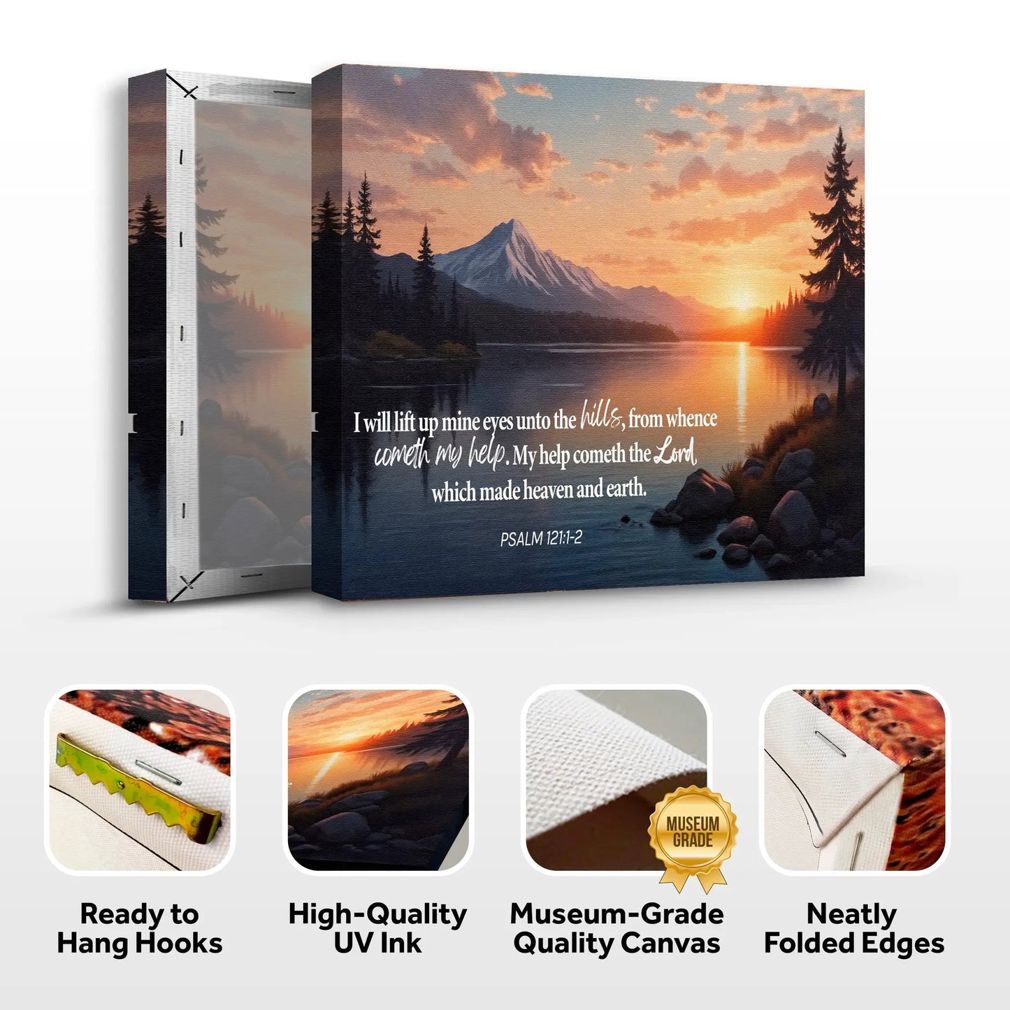 Canvas wall sign Psalm 121:1-2 by Tailored Canvases with sunset mountain lake scene on Tampa Home & Garden Store