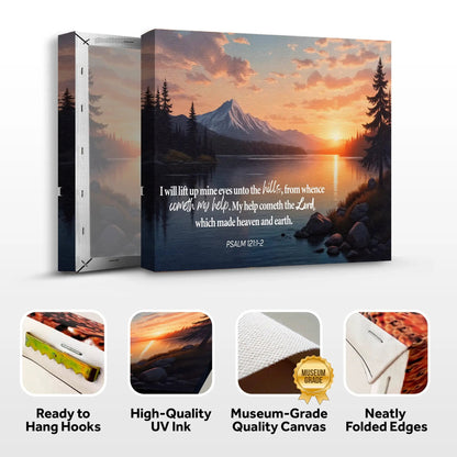 Canvas wall sign Psalm 121:1-2 by Tailored Canvases with sunset mountain lake scene on Tampa Home & Garden Store