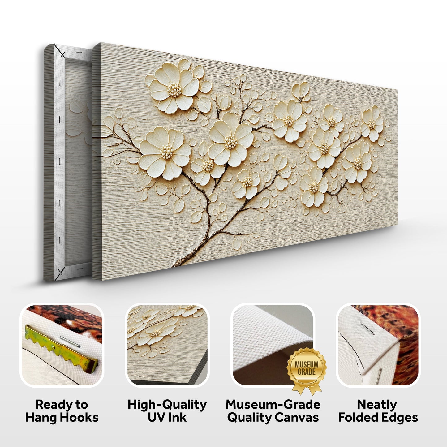 Minimalist Wall Art VIII canvas with cream floral relief on woodgrain panel Tailored Canvases on Tampa Home & Garden Store