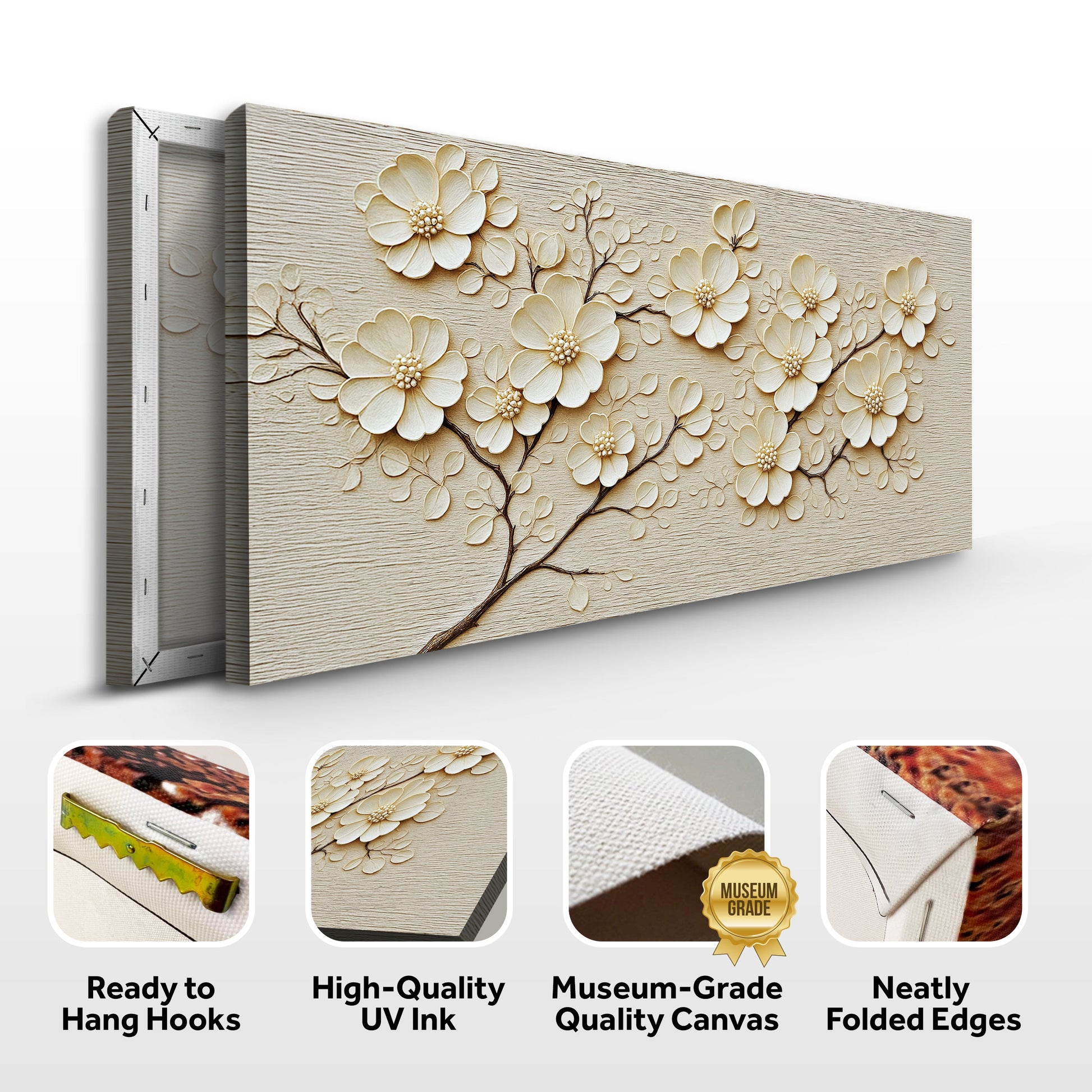 Minimalist Wall Art VIII canvas with cream floral relief on woodgrain panel Tailored Canvases on Tampa Home & Garden Store