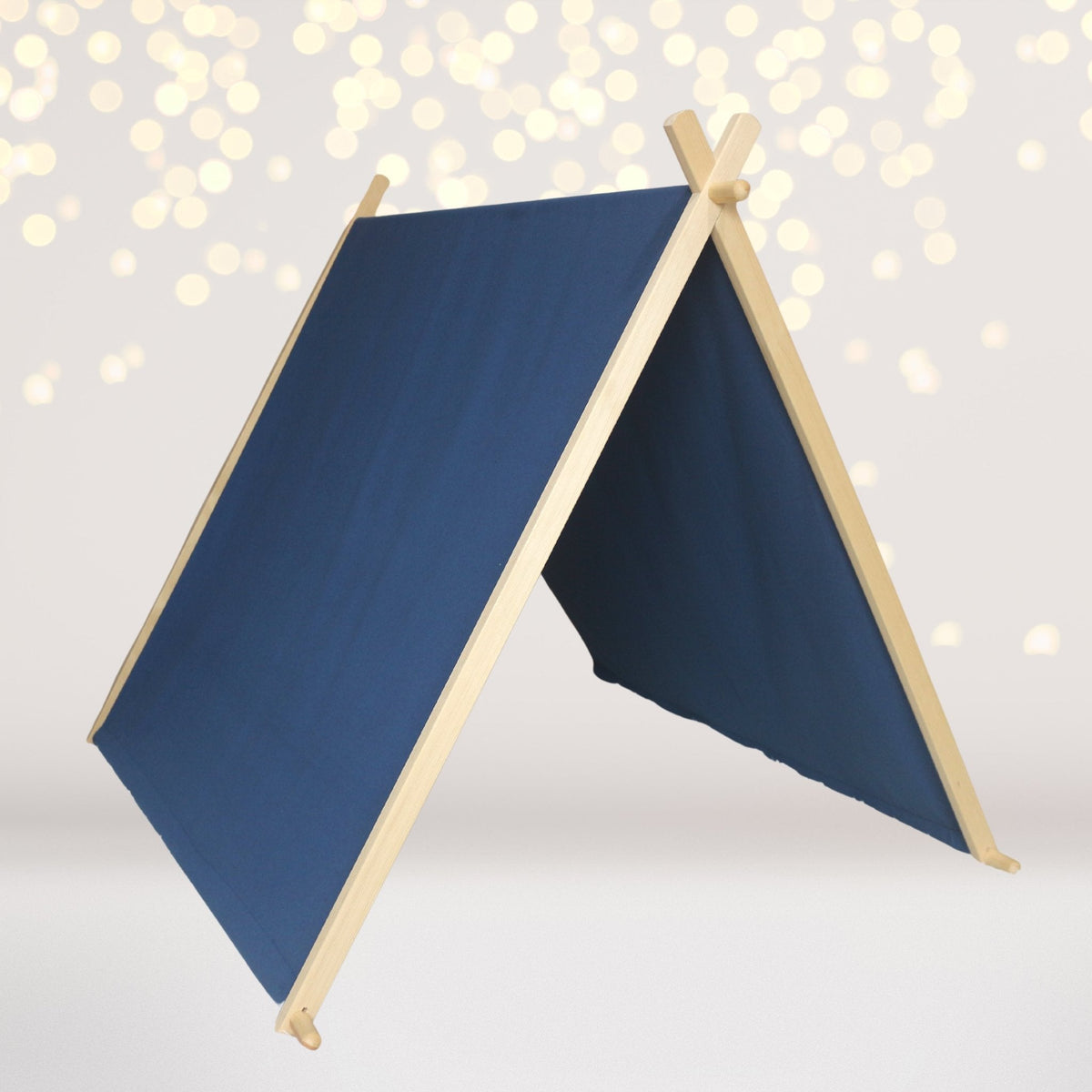 Kids A-Frame Sleepover Tent blue fabric with natural wood frame by Chicky Chicky Bling Bling on Tampa Home & Garden Store