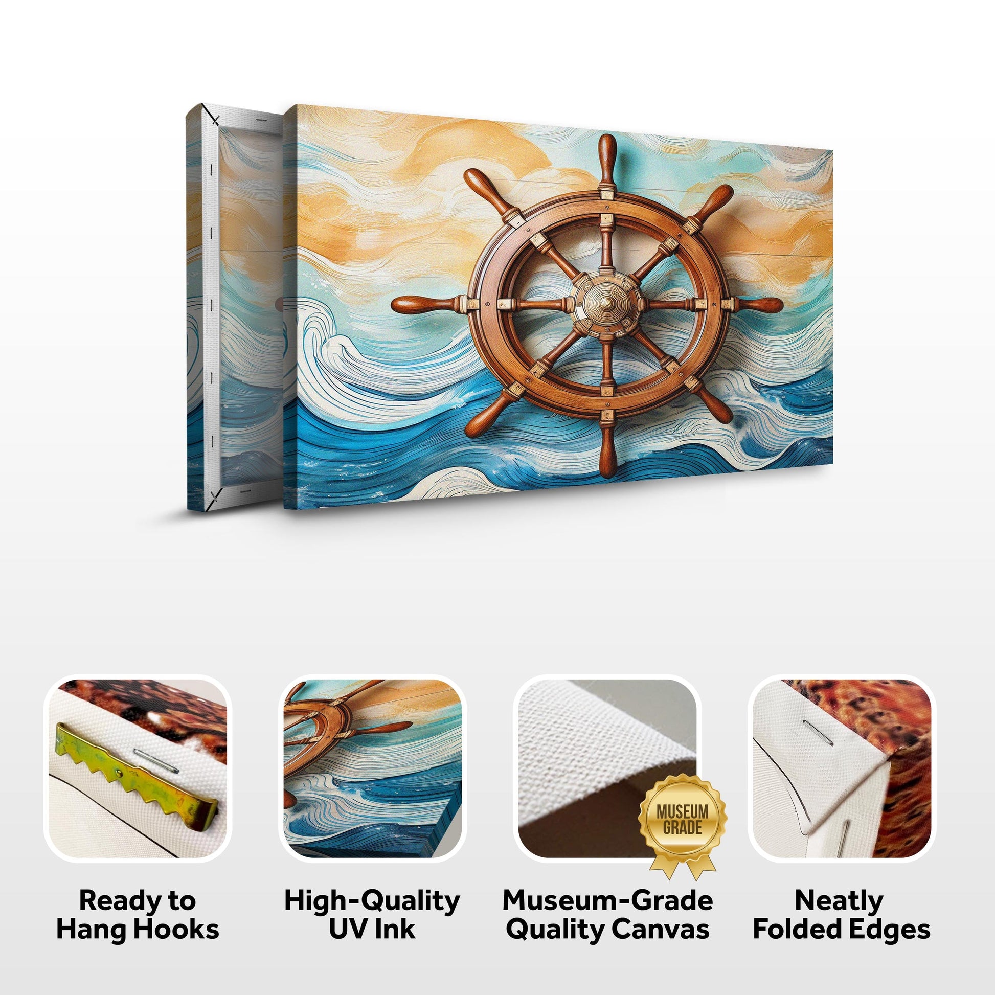 Sailboat Ship Wheel Coastal Wall Art II canvas by Tailored Canvases with wooden ship wheel over blue waves on Tampa Home & Garden Store