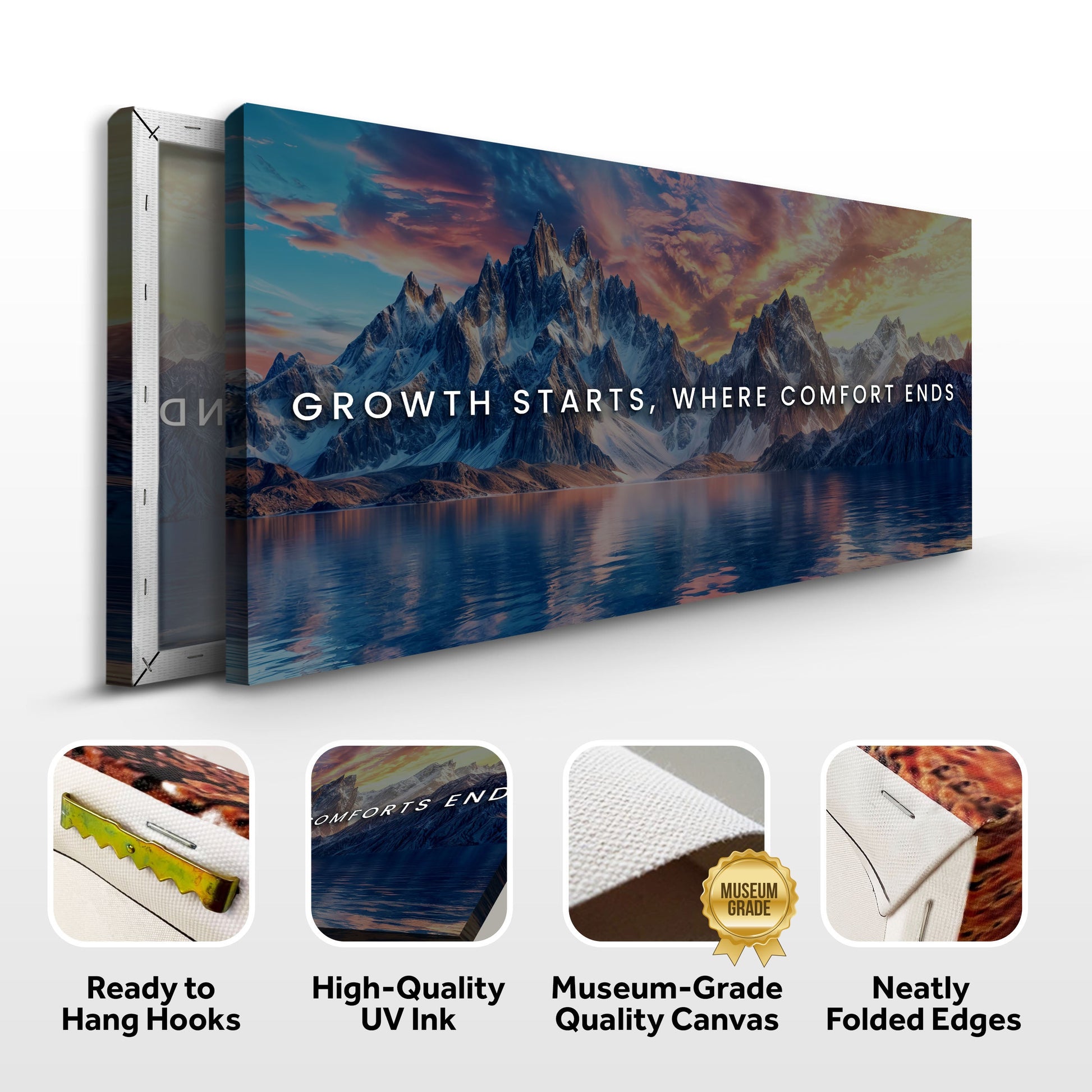 Growth Starts Where Comfort Ends canvas wall sign by Tailored Canvases with mountain landscape on Tampa Home & Garden Store