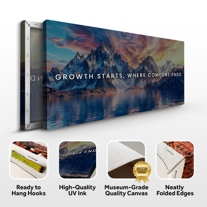 Growth Starts Where Comfort Ends canvas wall sign by Tailored Canvases with mountain landscape on Tampa Home & Garden Store