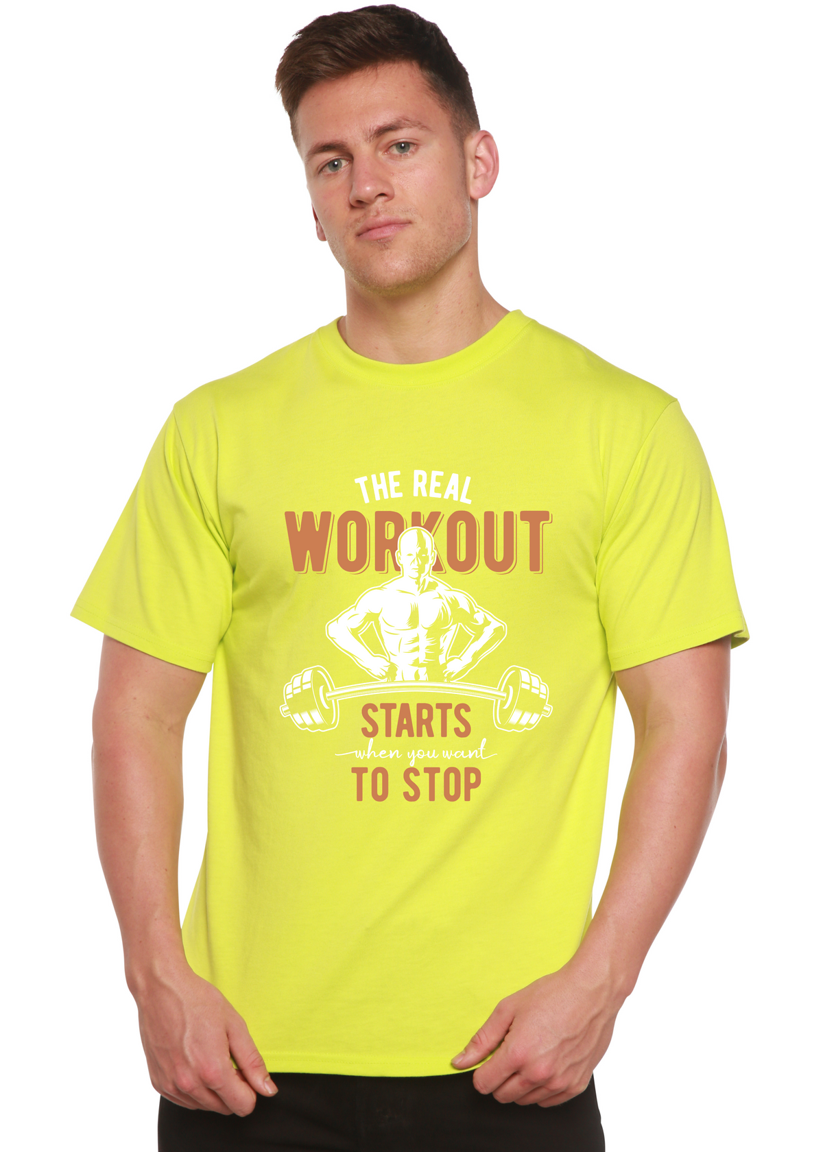 The Real Workout men's neon lime bamboo tee with dumbbell graphic on Tampa Home & Garden Store