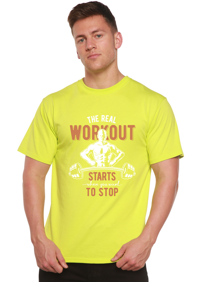 The Real Workout men's neon lime bamboo tee with dumbbell graphic on Tampa Home & Garden Store