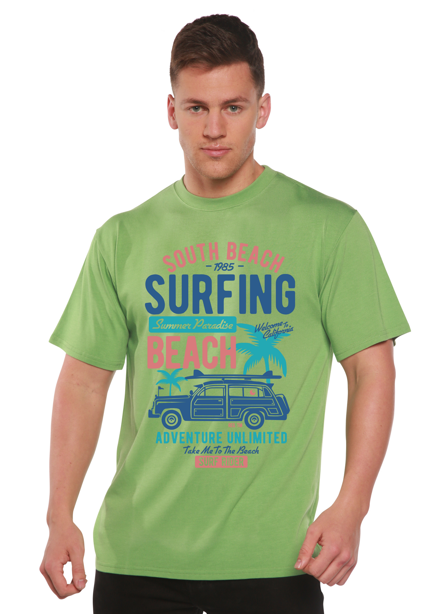South Beach Spun Bamboo men's graphic tee in lime green with surfing beach print on Tampa Home & Garden Store