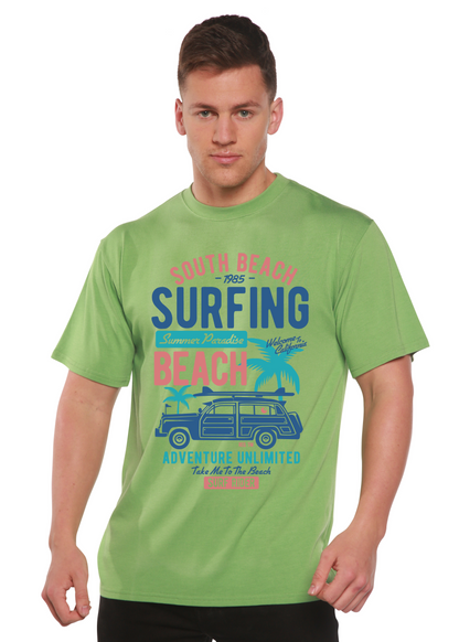 South Beach Spun Bamboo men's graphic tee in lime green with surfing beach print on Tampa Home & Garden Store