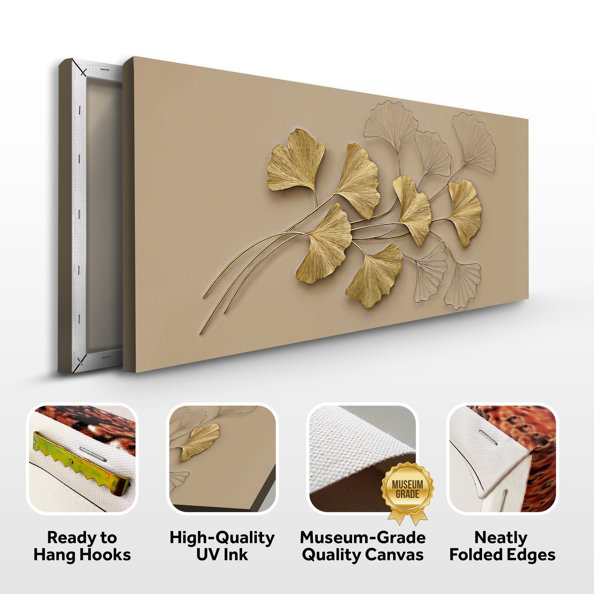 Golden Botanical Wall Art canvas by Tailored Canvases with metallic gold ginkgo leaves on Tampa Home & Garden Store