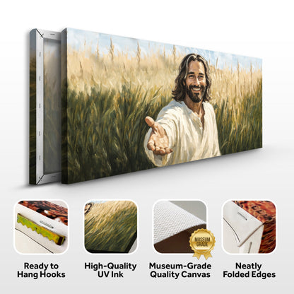 Savior's Invitation Faith Wall Art canvas by Tailored Canvases in a sunlit field portrait on Tampa Home & Garden Store