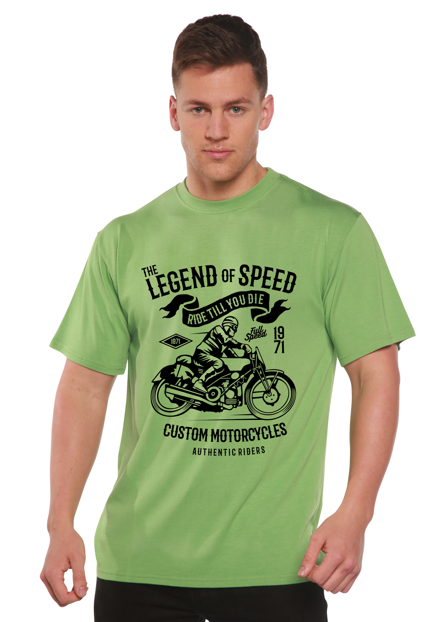 The Legend of Speed Spun Bamboo men's graphic T-shirt in light green with motorcycle print on Tampa Home & Garden Store