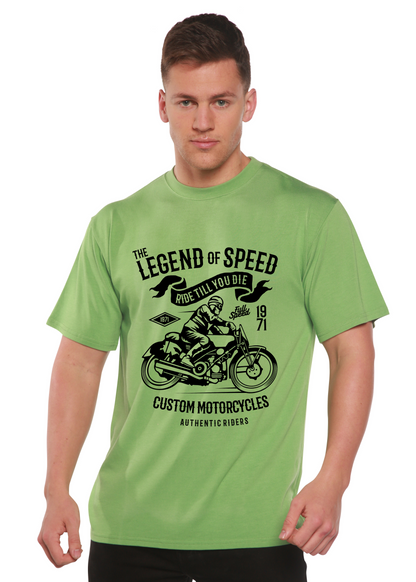 The Legend of Speed Spun Bamboo men's graphic T-shirt in light green with motorcycle print on Tampa Home & Garden Store
