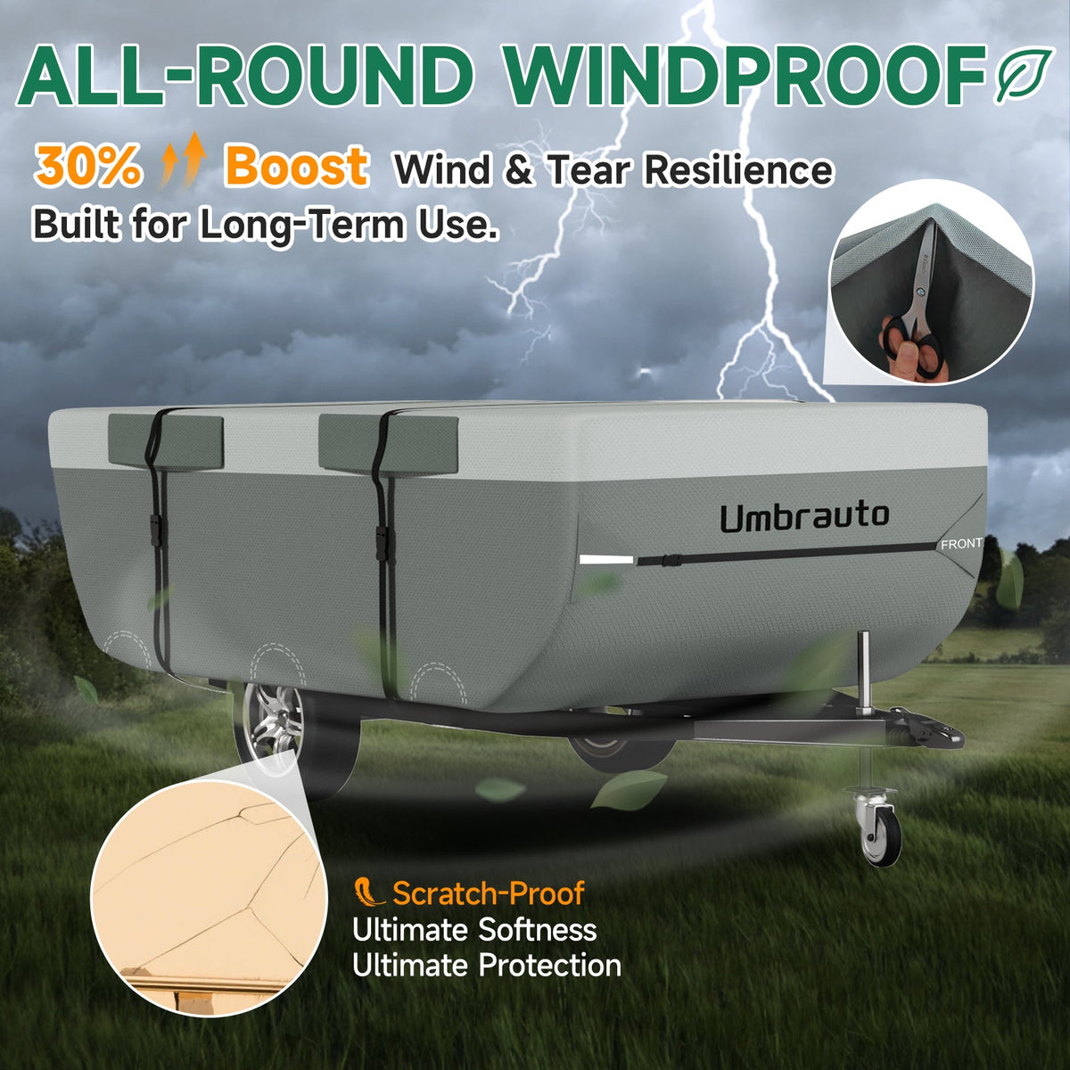 Umbrauto pop up folding camper cover in grey with front logo and straps on a trailer on Tampa Home & Garden Store